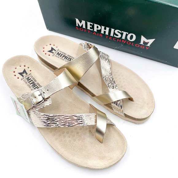 Mephisto Nalia Gold Leather Sandals Buckle Zebra Print Sz 42 / 12 - Picture 1 of 10